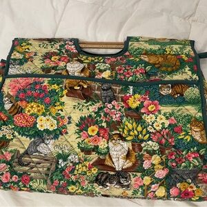 Cat and kittens Floral lined, knitting bag with wooden handle